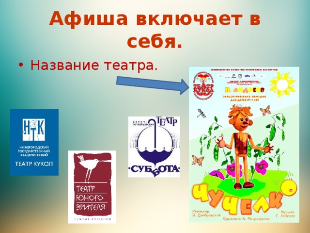 Афиша включает в себя. Название театра. 