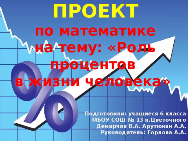 ПРОЕКТ по математике на тему: «Роль процентов в жизни человека»     Подготовили: учащиеся 6 класса  МБОУ СОШ № 13 п.Цветочного  Демирчян В.А. Арутюнян А.А. Руководитель: Горлова А.А.  п.Цветочный, 2018 год  