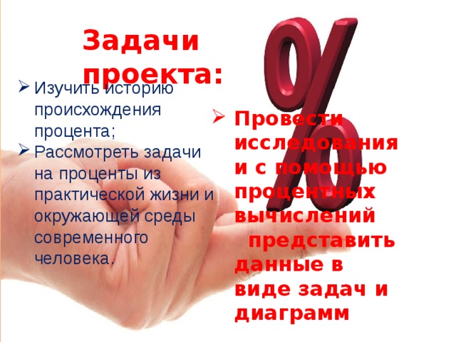 Задачи проекта: Изучить историю происхождения процента; Рассмотреть задачи на проценты из практической жизни и окружающей среды современного человека.  Провести исследования и с помощью процентных вычислений представить данные в виде задач и диаграмм 
