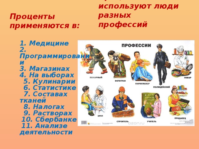 Проценты применяются в: Проценты используют люди разных профессий  1. Медицине  2. Программировании  3. Магазинах  4. На выборах  5. Кулинарии  6. Статистике  7. Составах тканей  8. Налогах  9. Растворах  10. Сбербанке  11. Анализе деятельности 