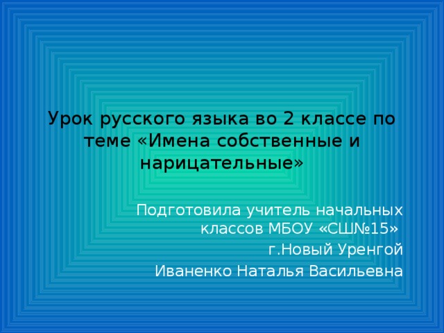 Урок русского языка во 2 классе по теме «Имена собственные и нарицательные» Подготовила учитель начальных классов МБОУ «СШ№15» г.Новый Уренгой  Иваненко Наталья Васильевна 