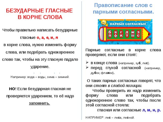 Правописание слов с парными согласными.       Парные согласные в корне слова проверяют, если они стоят: в конце слова (например, зу б , ле с ). перед глухой согласной (например, ду б ки, фла ж ки) .  О таких парных согласных говорят, что они стоят в слабой позиции.  Чтобы проверить их надо изменить форму слова или подобрать однокоренное слово так, чтобы после этой согласной стояла:  гласная или согласные л, м, н, р.  НАПРИМЕР: ле с – ле с а, ле с ной. БЕЗУДАРНЫЕ ГЛАСНЫЕ В КОРНЕ СЛОВА Чтобы правильно написать безударные гласные о, а, е, и, я  в корне слова, нужно изменить форму слова, или подобрать однокоренное слово так, чтобы на эту гласную падало ударение. Например: вода – воды, зима – зимний.  НО ! Если безударная гласная не проверяется ударением, то её надо запомнить.   