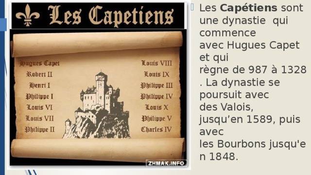 Les  Capétiens  sont une dynastie  qui commence avec Hugues Capet et qui règne de 987 à 1328. La dynastie se poursuit avec des Valois, jusqu’en 1589, puis avec les Bourbons jusqu'en 1848.  