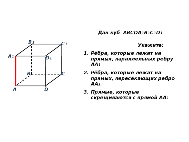 Дан куб ABCDA 1 B 1 C 1 D 1 B 1 C 1  Укажите: Рёбра, которые лежат на прямых, параллельных ребру АА 1  Рёбра, которые лежат на прямых, пересекающих ребро АА 1 Прямые, которые скрещиваются с прямой АА 1  А 1 D 1 B C А D  