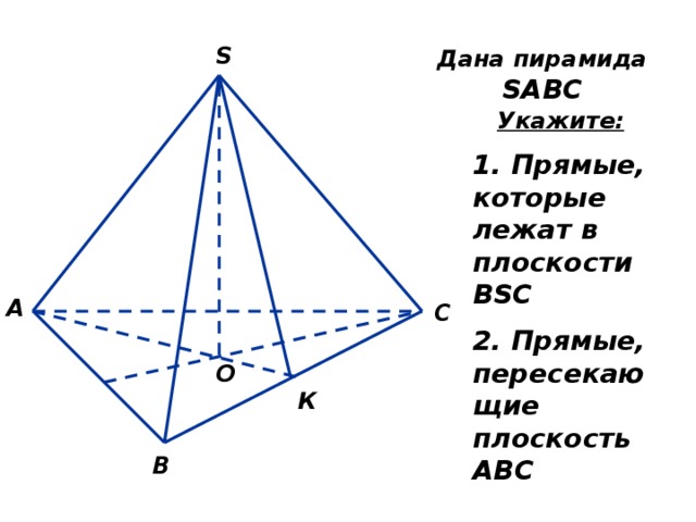 S Дана пирамида  SABC    Укажите: 1. Прямые, которые лежат в плоскости BSC 2. Прямые, пересекающие плоскость АВС А С О К В 