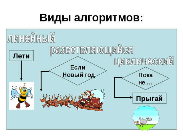 Виды алгоритмов: Лети Если  Новый год Пока не … Прыгай 