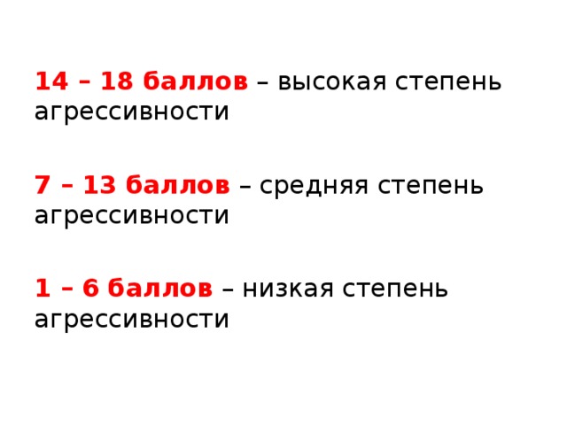 14 – 18 баллов – высокая степень агрессивности 7 – 13 баллов – средняя степень агрессивности 1 – 6 баллов – низкая степень агрессивности 