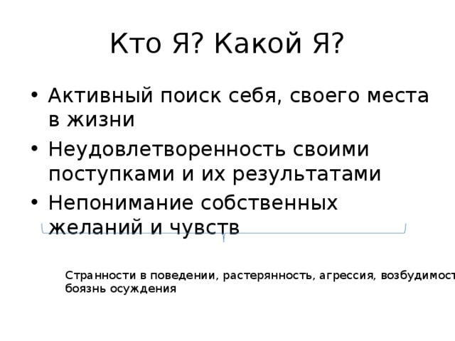 Кто Я? Какой Я? Активный поиск себя, своего места в жизни Неудовлетворенность своими поступками и их результатами Непонимание собственных желаний и чувств Странности в поведении, растерянность, агрессия, возбудимость, боязнь осуждения 