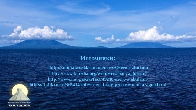 Источники:   http://animalworld.com.ua/news/Ozero-s-akulami  https://ru.wikipedia.org/wiki/Никарагуа_(озеро)  http://www.nat-geo.ru/fact/43210-ozero-s-akulami/  https://fishki.net/2365414-interesnye-fakty-pro-ozero-nikaragua.html 