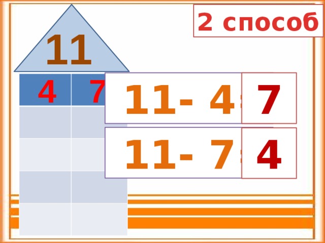 2 способ 11 7 4  11- 4=  7   11- 7=  4  