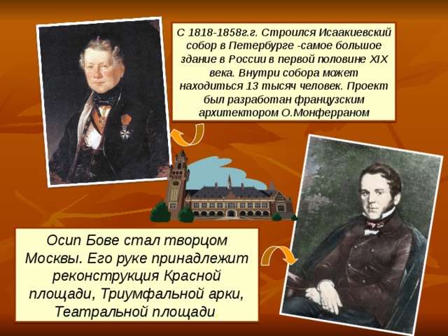 С 1818-1858г.г. Строился Исаакиевский собор в Петербурге -самое большое здание в России в первой половине XIX века. Внутри собора может находиться 13 тысяч человек. Проект был разработан французским архитектором О.Монферраном Осип Бове стал творцом Москвы. Его руке принадлежит реконструкция Красной площади, Триумфальной арки, Театральной площади .