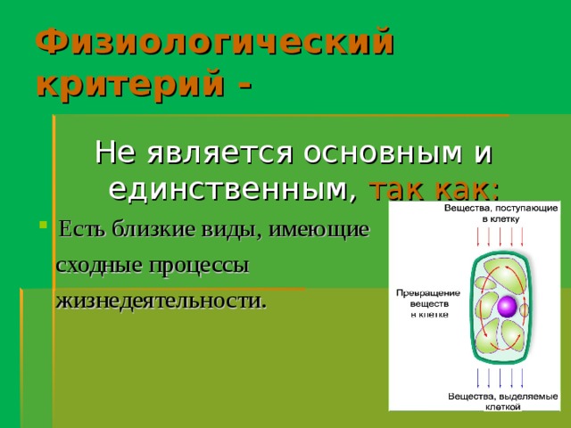 Физиологический критерий - Не является основным и единственным,  так как: Есть близкие виды, имеющие  сходные процессы  жизнедеятельности. 