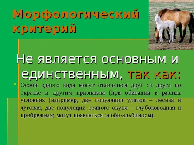 Морфологический критерий Не является основным и единственным,  так как: Особи одного вида могут отличаться друг от друга по окраске и другим признакам (при обитании в разных условиях (например, две популяции улиток – лесная и луговая, две популяции речного окуня – глубоководная и прибрежная; могут появляться особи-альбиносы). 