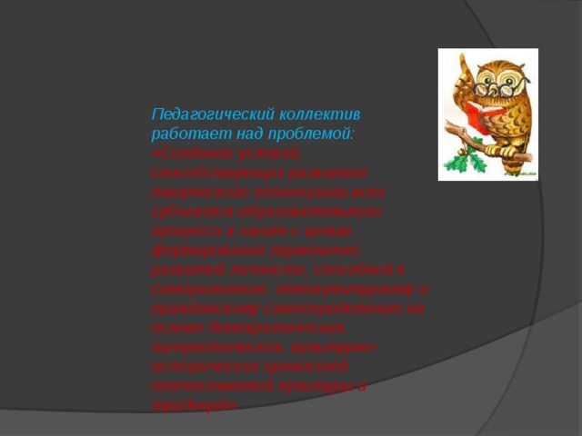 Педагогический коллектив работает над проблемой: «Создание условий, способствующих развитию творческого потенциала всех субъектов образовательного процесса в школе с целью формирования гармонично развитой личности, способной к саморазвитию, этнокультурному и гражданскому самоопределению на основе демократических, патриотических, культурно-исторических ценностей отечественной культуры и традиций». 