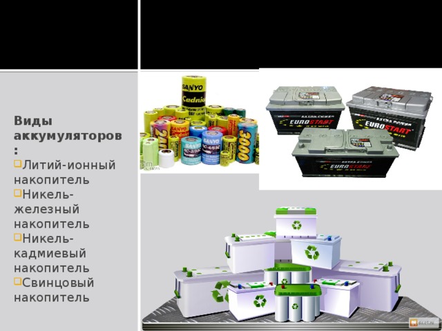 Виды аккумуляторов: Литий-ионный накопитель Никель-железный накопитель Никель-кадмиевый накопитель Свинцовый накопитель 