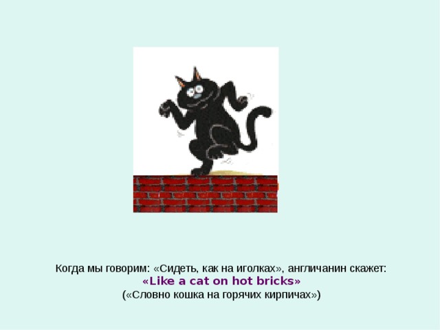 Когда мы говорим: «Сидеть, как на иголках», англичанин скажет: « Like a cat on hot bricks » («Словно кошка на горячих кирпичах») 