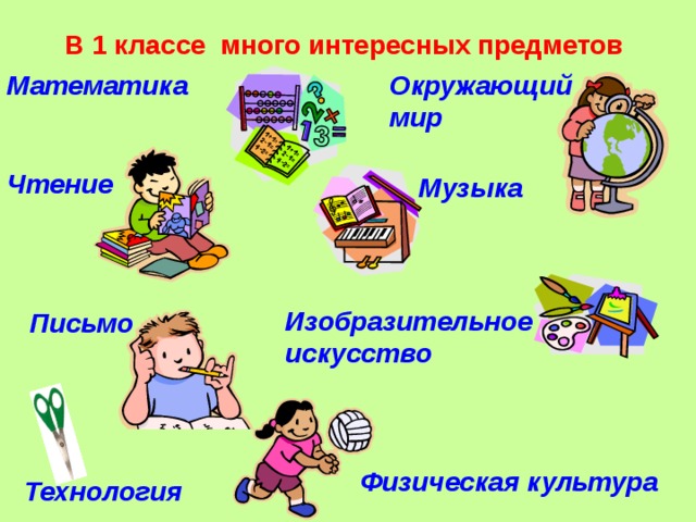 В 1 классе много интересных предметов Математика Окружающий мир Чтение Музыка Изобразительное искусство Письмо Физическая культура Технология 