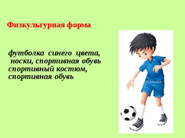 Физкультурная форма  футболка синего цвета,  носки, спортивная обувь спортивный костюм, спортивная обувь 