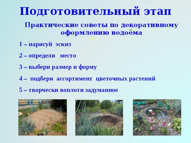 Подготовительный этап Практические советы по декоративному оформлению водоёма  1 – нарисуй эскиз 2 – определи место 3 – выбери размер и форму 4 – подбери ассортимент цветочных растений 5 – творчески воплоти задуманное   