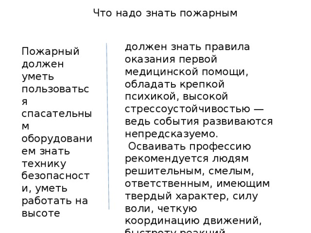 Что надо знать пожарным должен знать правила оказания первой медицинской помощи, обладать крепкой психикой, высокой стрессоустойчивостью — ведь события развиваются непредсказуемо.  Осваивать профессию рекомендуется людям решительным, смелым, ответственным, имеющим твердый характер, силу воли, четкую координацию движений, быстроту реакций. Пожарный должен уметь пользоваться спасательным оборудованием знать технику безопасности, уметь работать на высоте Что надо знать пожарным  