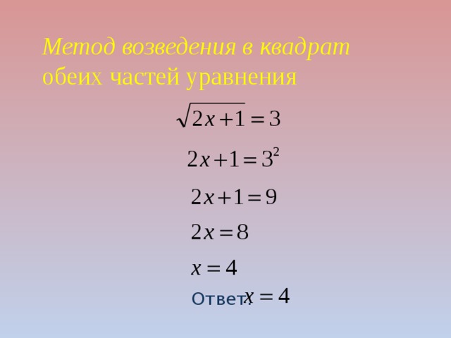  Метод возведения в квадрат обеих частей уравнения Ответ: 
