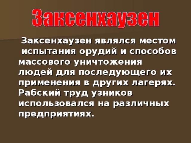  Заксенхаузен являлся местом испытания орудий и способов массового уничтожения людей для последующего их применения в других лагерях. Рабский труд узников использовался на различных предприятиях. 