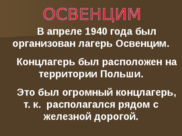 В апреле 1940 года был организован лагерь Освенцим. Концлагерь был расположен на территории Польши. Это был огромный концлагерь, т. к. располагался рядом с железной дорогой.  