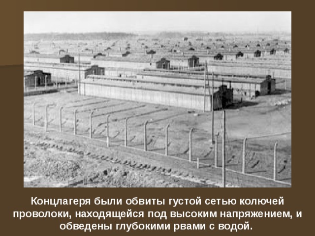 Концлагеря были обвиты густой сетью колючей проволоки, находящейся под высоким напряжением, и обведены глубокими рвами с водой.  