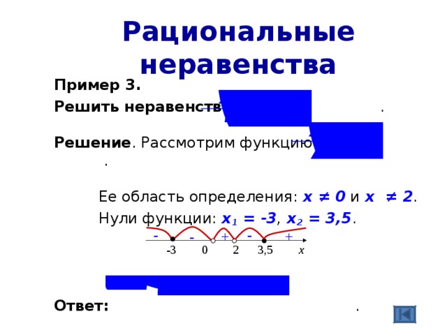 Рациональные неравенства Пример 3. Решить неравенство . Решение . Рассмотрим функцию .    Ее область определения: х ≠ 0 и х  ≠ 2 .   Нули функции: х 1 = -3 , х 2 = 3,5 . Ответ: . - - - + + -3 0 2 3,5 х 