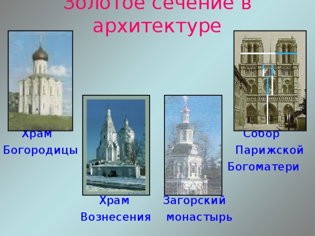 Золотое сечение в архитектуре  Храм Собор Богородицы Парижской  Богоматери  Храм Загорский  Вознесения монастырь 