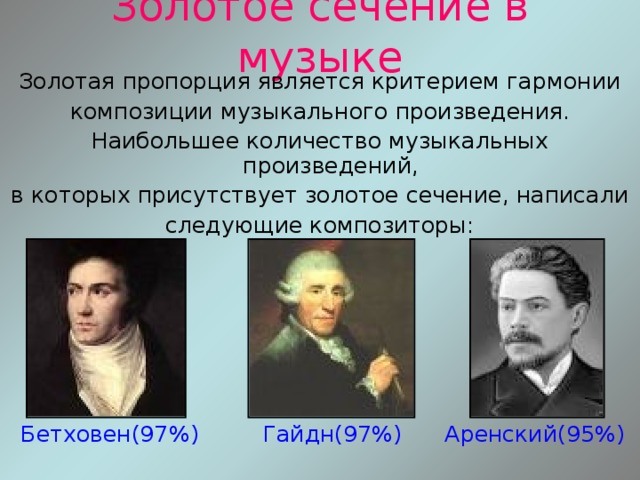 Золотое сечение в музыке Золотая пропорция является критерием гармонии композиции музыкального произведения. Наибольшее количество музыкальных произведений, в которых присутствует золотое сечение, написали следующие композиторы:  Бетховен(97%) Гайдн(97%) Аренский(95%) 