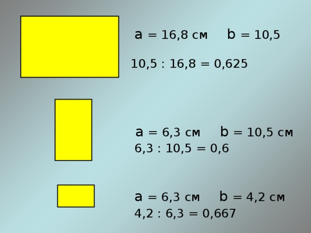  a = 16,8 см b = 10,5 см  10,5 : 16,8 = 0,625  a = 6,3 см b = 10,5 см  6,3 : 10,5 = 0,6  a = 6,3 см b = 4,2 см  4,2 : 6,3 = 0,667 
