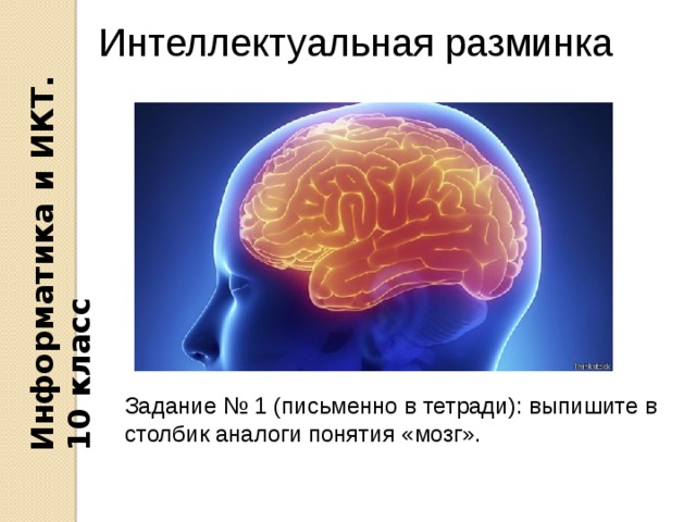 Информатика и ИКТ. 10 класс Интеллектуальная разминка Задание № 1 (письменно в тетради): выпишите в столбик аналоги понятия «мозг». 
