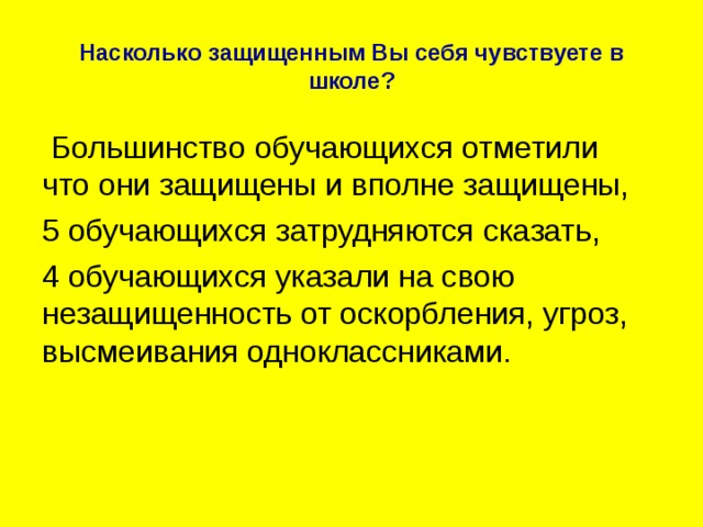 Насколько защищенным Вы себя чувствуете в школе?  Большинство обучающихся отметили что они защищены и вполне защищены, 5 обучающихся затрудняются сказать, 4 обучающихся указали на свою незащищенность от оскорбления, угроз, высмеивания одноклассниками. 