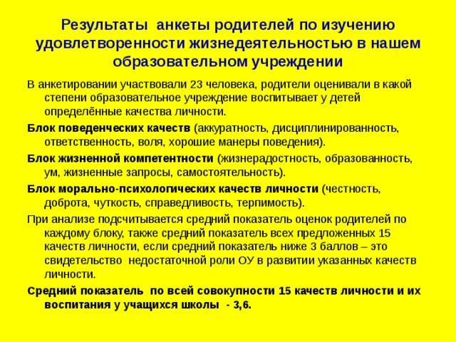 Результаты анкеты родителей по изучению удовлетворенности жизнедеятельностью в нашем образовательном учреждении В анкетировании участвовали 23 человека, родители оценивали в какой степени образовательное учреждение воспитывает у детей определённые качества личности. Блок поведенческих качеств (аккуратность, дисциплинированность, ответственность, воля, хорошие манеры поведения). Блок жизненной компетентности (жизнерадостность, образованность, ум, жизненные запросы, самостоятельность). Блок морально-психологических качеств личности (честность, доброта, чуткость, справедливость, терпимость). При анализе подсчитывается средний показатель оценок родителей по каждому блоку, также средний показатель всех предложенных 15 качеств личности, если средний показатель ниже 3 баллов – это свидетельство недостаточной роли ОУ в развитии указанных качеств личности. Средний показатель по всей совокупности 15 качеств личности и их воспитания у учащихся школы - 3,6. 