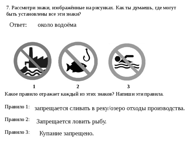 7. Рассмотри знаки, изображённые на рисунках. Как ты думаешь, где могут быть установлены все эти знаки? около водоёма Ответ:  1 2 3 Какое правило отражает каждый из этих знаков? Напиши эти правила. Правило 1: Правило 2: Правило 3: запрещается сливать в реку/озеро отходы производства. Запрещается ловить рыбу. Купание запрещено. 