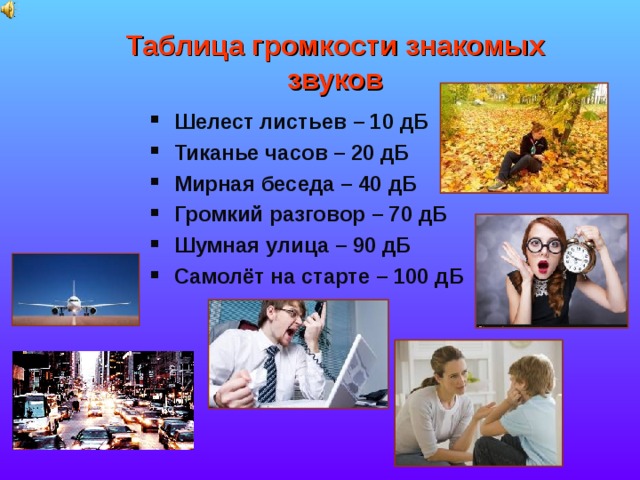 Таблица громкости знакомых звуков Шелест листьев – 10 дБ Тиканье часов – 20 дБ Мирная беседа – 40 дБ Громкий разговор – 70 дБ Шумная улица – 90 дБ Самолёт на старте – 100 дБ 