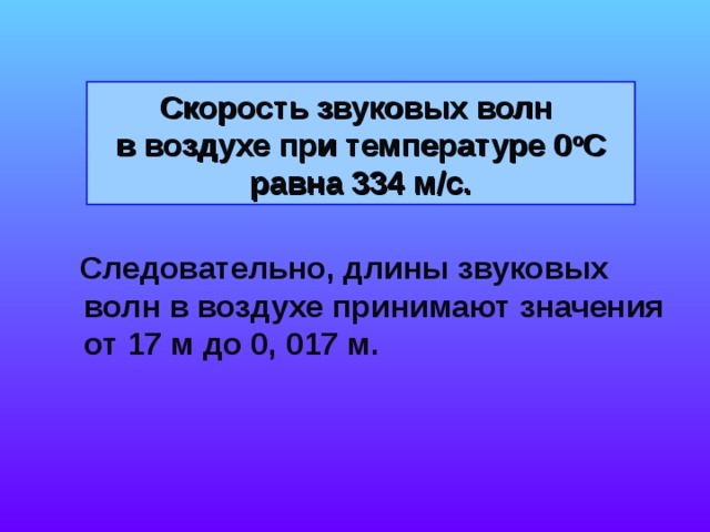 Скорость звуковых волн  в воздухе при температуре 0 о С равна 334 м / с.  Следовательно, длины звуковых волн в воздухе принимают значения от 17 м до 0, 017 м.  Следовательно, длины звуковых волн в воздухе принимают значения от 17 м до 0, 017 м. 