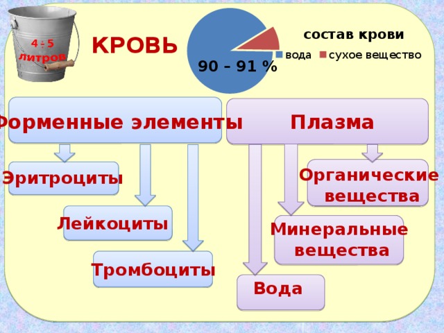 КРОВЬ 90 – 91 % Форменные элементы Плазма Органические вещества Эритроциты Лейкоциты Минеральные вещества Тромбоциты Вода 