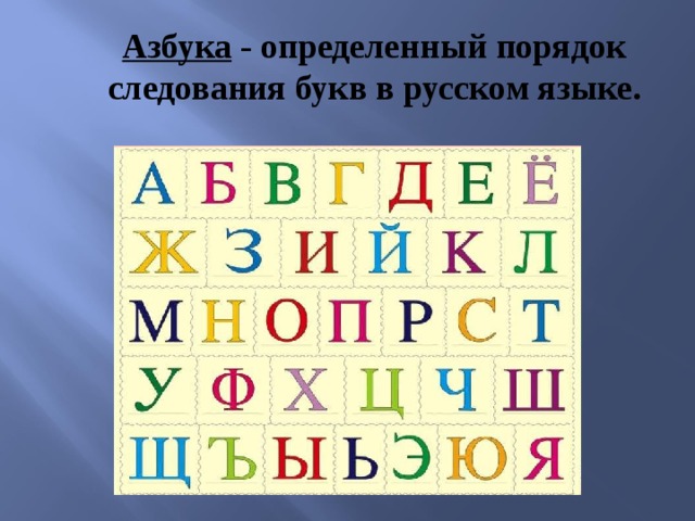 Азбука - определенный порядок следования букв в русском языке. 