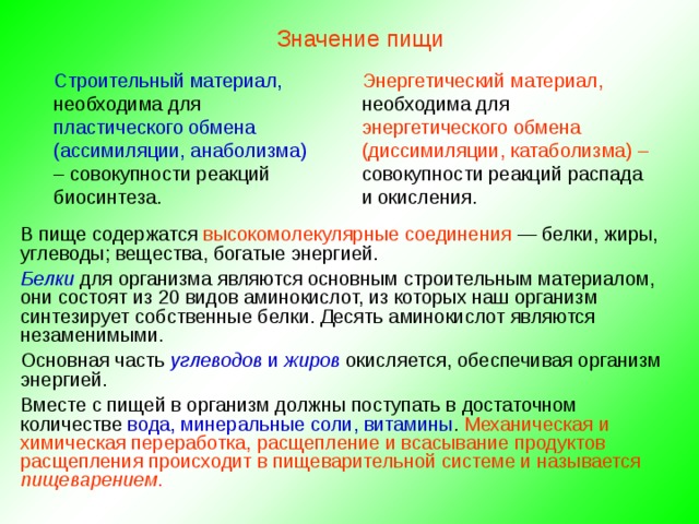 Значение пищи Строительный материал, необходима для пластического обмена (ассимиляции, анаболизма) – совокупности реакций биосинтеза. Энергетический материал, необходима для энергетического обмена (диссимиляции, катаболизма) – совокупности реакций распада и окисления. В пище содержатся высокомолекулярные соединения — белки, жиры, углеводы; вещества, богатые энергией. Белки для организма являются основным строительным материалом, они состоят из 20 видов аминокислот, из которых наш организм синтезирует собственные белки. Десять аминокислот являются незаменимыми. Основная часть углеводов и жиров окисляется, обеспечивая организм энергией. Вместе с пищей в организм должны поступать в достаточном количестве вода, минеральные соли, витамины . Механическая и химическая переработка, расщепление и всасывание продуктов расщепления происходит в пищеварительной системе и называется пищеварением . 