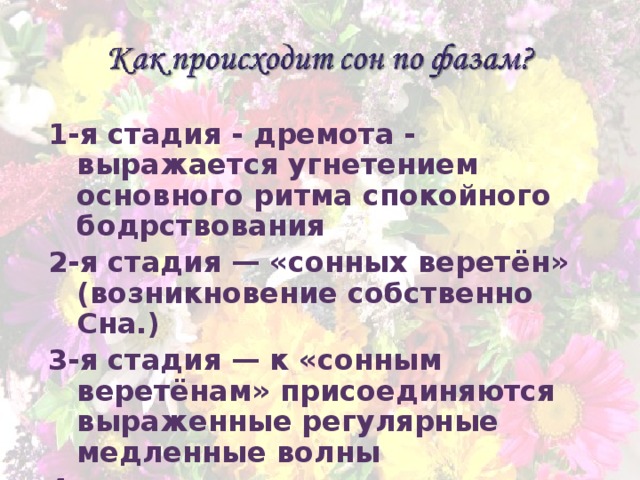 1-я стадия - дремота - выражается угнетением основного ритма спокойного бодрствования 2-я стадия — «сонных веретён» (возникновение собственно Сна.) 3-я стадия — к «сонным веретёнам» присоединяются выраженные регулярные медленные волны 4-я стадия — доминируют медленные волны высокой амплитуды с частотой 0,5—2 колебания в 1 се 