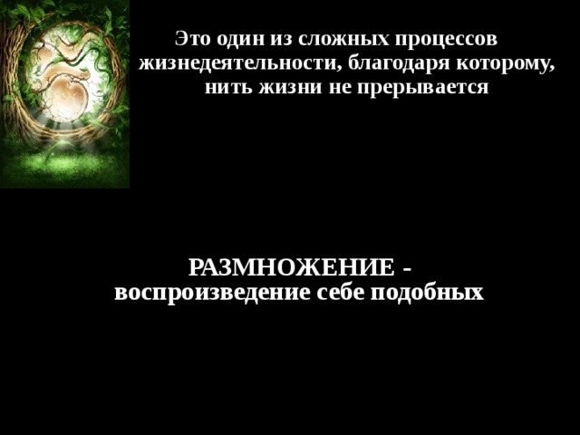 Это один из сложных процессов жизнедеятельности, благодаря которому, нить жизни не прерывается РАЗМНОЖЕНИЕ - воспроизведение себе подобных 