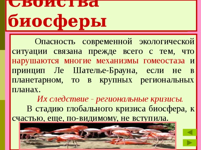 Свойства биосферы   Опасность современной экологической ситуации связана прежде всего с тем, что нарушаются многие механизмы гомеостаза и принцип Ле Шателье-Брауна, если не в планетарном, то в крупных региональных планах.  Их следствие - региональные кризисы.   В стадию глобального кризиса биосфера, к счастью, еще, по-видимому, не вступила. 