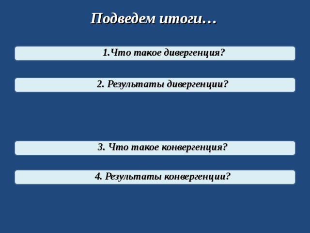 Подведем итоги… Что такое дивергенция? Что такое дивергенция? 2. Результаты дивергенции? 2. Результаты дивергенции? 3. Что такое конвергенция? 3. Что такое конвергенция? 4. Результаты конвергенции? 4. Результаты конвергенции? 