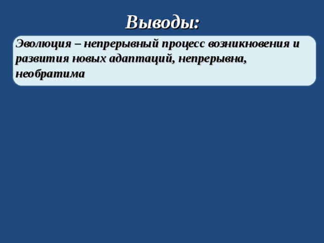 Выводы: Эволюция – непрерывный процесс возникновения и развития новых адаптаций, непрерывна, необратима 