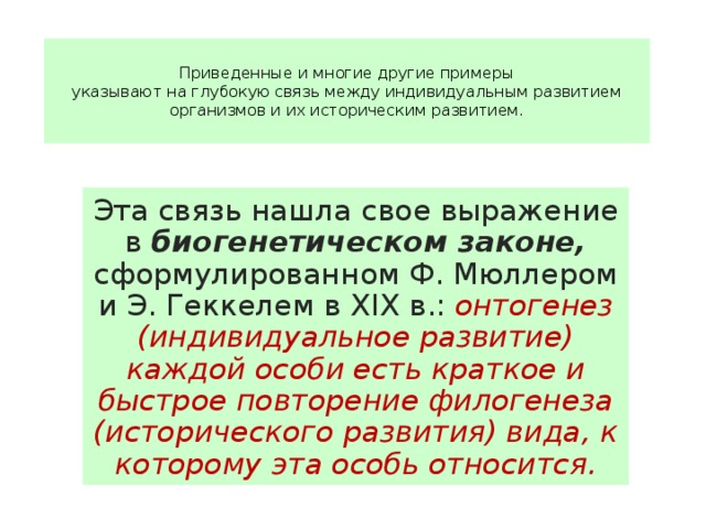 Приведенные и многие другие примеры  указывают на глубокую связь между индивидуальным развитием организмов и их историческим развитием. Эта связь нашла свое выражение в биогенетическом законе, сформулированном Ф. Мюллером и Э. Геккелем в XIX в.: онтогенез (индивидуальное развитие) каждой особи есть краткое и быстрое повторение филогенеза (исторического развития) вида, к которому эта особь относится. 