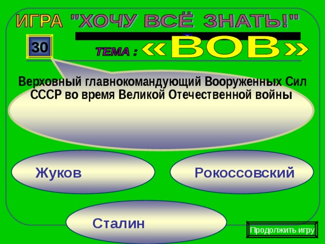  Верховный главнокомандующий Вооруженных Сил СССР во время Великой Отечественной войны 30 Рокоссовский Жуков Сталин Продолжить игру 