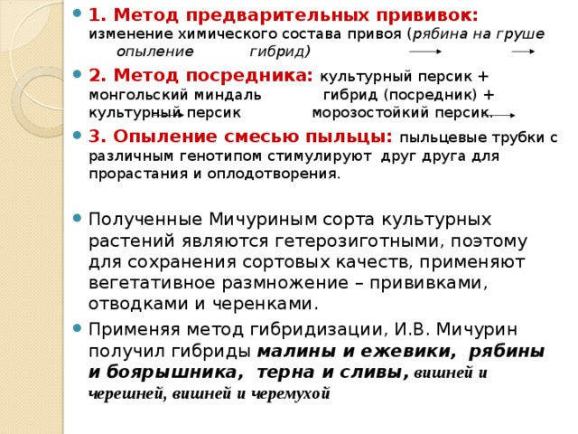 1. Метод предварительных прививок:  изменение химического состава привоя ( рябина на груше опыление гибрид) 2. Метод посредника:  культурный персик + монгольский миндаль гибрид (посредник) + культурный персик морозостойкий персик. 3. Опыление смесью пыльцы:  пыльцевые трубки с различным генотипом стимулируют друг друга для прорастания и оплодотворения.  Полученные Мичуриным сорта культурных растений являются гетерозиготными, поэтому для сохранения сортовых качеств, применяют вегетативное размножение – прививками, отводками и черенками. Применяя метод гибридизации, И.В. Мичурин получил гибриды малины и ежевики, рябины и боярышника, терна и сливы,  вишней и черешней, вишней и черемухой   