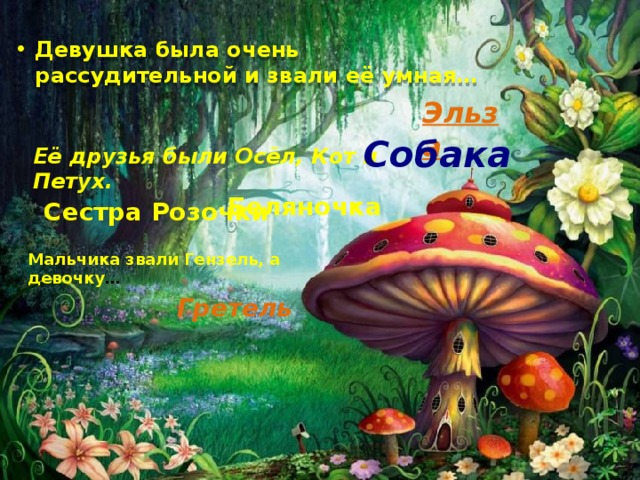 Девушка была очень рассудительной и звали её умная… Эльза Собака Её друзья были Осёл, Кот и Петух. Беляночка Сестра Розочки Мальчика звали Гензель, а девочку … Гретель  